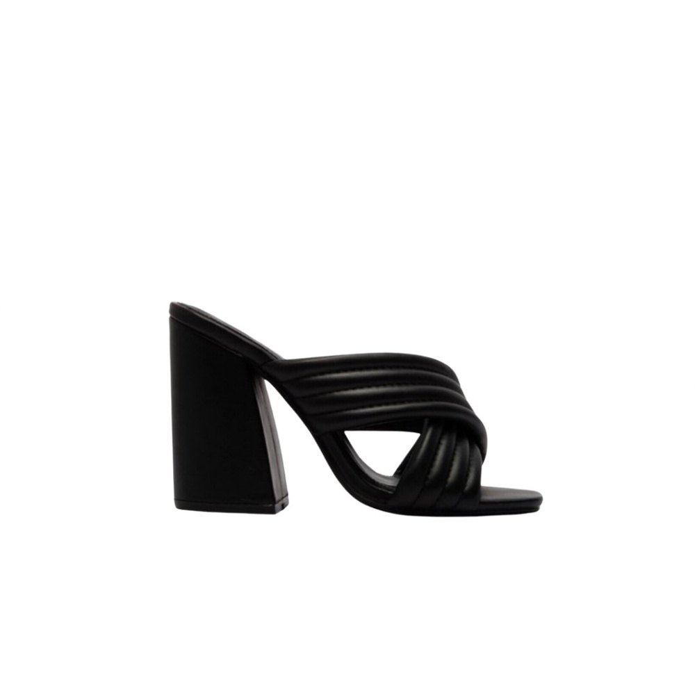 Black Cross Strap Open Toe Mule Heels – Chunky 4” Heel – New In Box